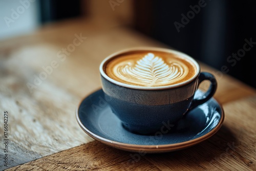 Coffee Cup With Leaf Design on Frothy Surface Placed on Wooden Table in Cozy ...