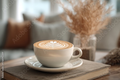 Enjoying a Warm Cup of Latte in a Cozy Living Room During the Afternoon Sunlight