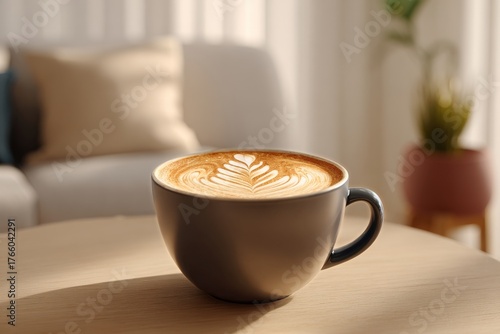 Enjoying a Warm Cup of Latte in a Cozy Living Room During the Afternoon Sunlight