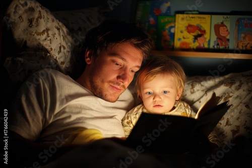 Father Reading a Bedtime Story to His Young Child in a Cozy Room at Night