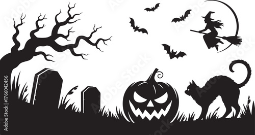 Halloween Pumpkin Cat Landscape Scene Silhouette Vector