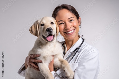 Woman Smiles While Hugging Her Happy Labrador Retriever in a Bright Studio Se...