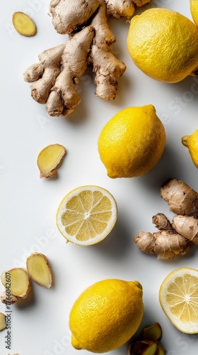 Fresh Ginger and Lemon Arranged Beautifully on a Light Background for Healthy...