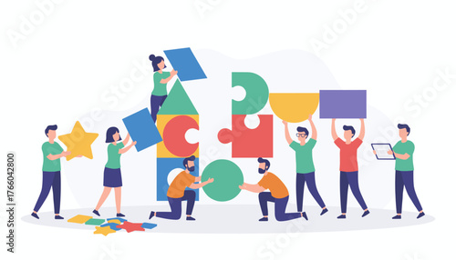 Vivid flat illustration of a diverse team of people collaborating to build a structure with colorful geometric shapes, symbolizing teamwork, creativity, and problem-solving in a business or project