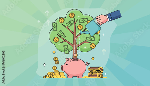 Conceptual illustration of financial growth and investment, depicting a vibrant green tree laden with dollar bills and gold coins, being watered by a hand holding a watering can, symbolizing