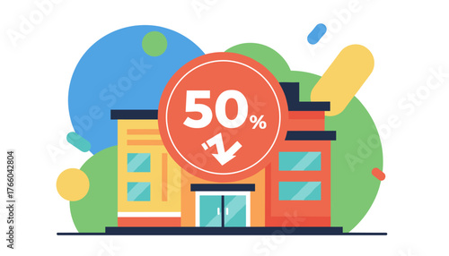 Vibrant vector illustration of a store flyer, poster, or banner featuring a 50% discount symbol with a downward arrow, set against a backdrop of colorful abstract shapes and stylized buildings