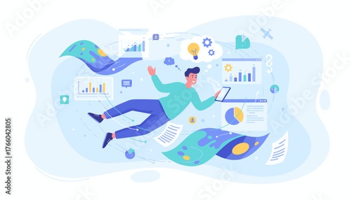 Vivid vector illustration of a person in zero gravity, surrounded by floating digital interfaces displaying charts, graphs, and data, symbolizing innovation, technology, and business growth in a