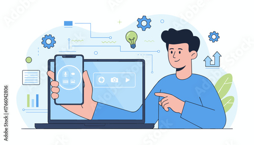 Modern flat illustration of a person interacting with a virtual AI assistant interface on a laptop and smartphone, showcasing technology, innovation, and digital communication with icons for voice