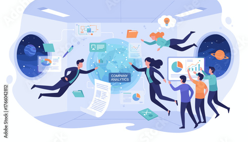 Vibrant vector illustration depicting a team of professionals in zero gravity, collaborating on company analytics with floating charts, graphs, and data visualizations against a backdrop of outer