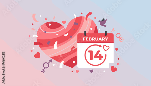 Vibrant vector illustration celebrating Valentine's Day with a large, swirling red heart, confetti, a calendar marking February 14th, a dove, and romantic symbols, set against a soft gradient