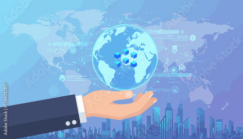 Conceptual illustration of a businessman's hand holding a glowing digital globe with interconnected nodes and abstract cubes, symbolizing Web 3.0, decentralized technology, and global connectivity