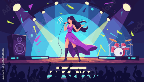 Vibrant illustration of a female singer performing live on a concert stage, holding a microphone, with spotlights, musical instruments, and an enthusiastic audience cheering below, capturing the