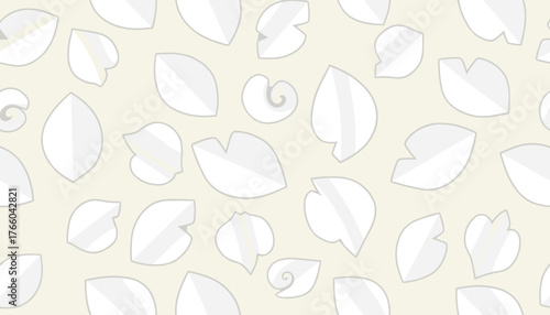 Seamless pattern of white paper leaves and abstract shapes with a subtle textured background, evoking a delicate and minimalist aesthetic, perfect for graphic design and decorative purposes.