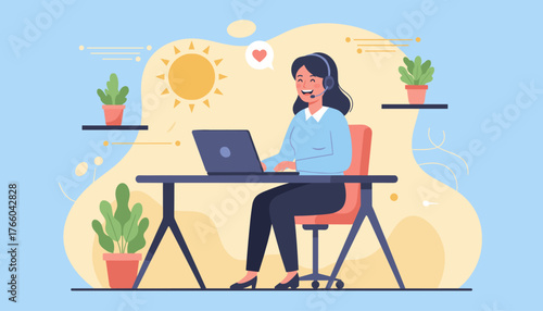 Smiling woman with headset working on a laptop at a desk, surrounded by plants and a bright sun, symbolizing job satisfaction, happiness, and passion in a positive work environment, flat design