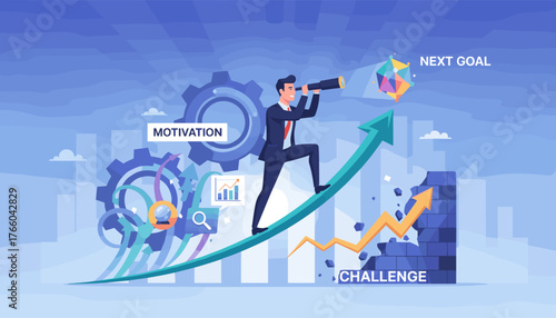 Visionary businessman with spyglass climbing upward arrow graph towards next goal, symbolizing motivation, overcoming challenges, and achieving success with gears and charts in background