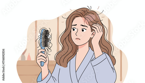 Worried woman with long brown hair in a light blue robe, holding a hairbrush with fallen hair strands, touching her scalp with concern, illustrating hair loss and balding issues, with a soft, neutral