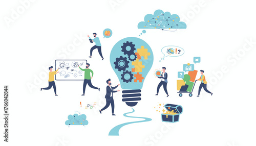 Vector illustration of teamwork and business concept, depicting a diverse group of people collaborating on a project, symbolized by a giant lightbulb filled with gears and puzzle pieces, representing