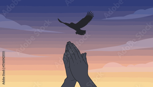 Silhouette of a bird soaring above clasped hands in prayer against a vibrant gradient sky at dawn or dusk, symbolizing hope, spirituality, and freedom.