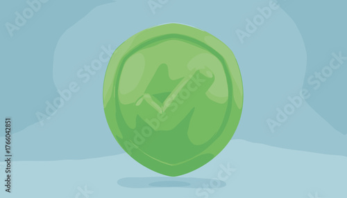 A vibrant 3D render of a green shield icon featuring a prominent checkmark, symbolizing approval, success, and security against a clean, soft blue background, perfect for digital interfaces and