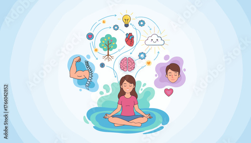 Vivid vector illustration depicting the concept of meditation and its holistic benefits, showcasing a woman in lotus pose surrounded by symbols of mental clarity, physical strength, healthy heart