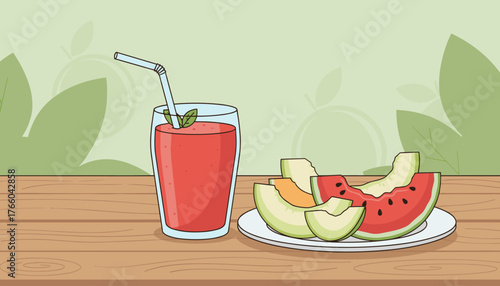 Refreshing watermelon smoothie in a tall glass with a straw and mint leaves, accompanied by a plate of fresh watermelon and cantaloupe slices, all arranged on a rustic wooden table with a soft green
