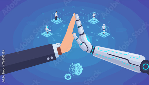 Human hand and robotic arm high-fiving in a gesture of collaboration and partnership, symbolizing the integration of artificial intelligence and technology with human endeavors, set against a