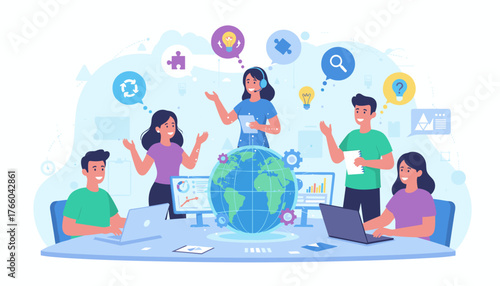 Vivid vector illustration of a diverse team of online assistants collaborating around a glowing globe, symbolizing global connectivity and customer support, with icons of ideas, puzzles, and search
