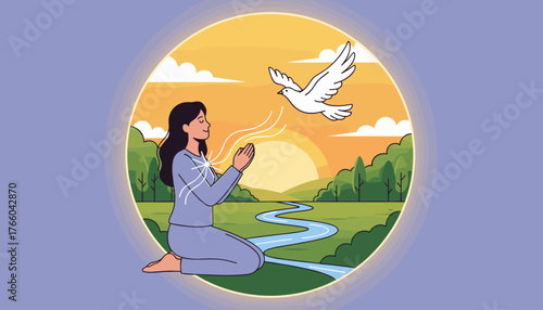 Serene woman in prayer, hands clasped, meditating outdoors with a white dove flying freely above a winding river and lush green landscape at sunset, symbolizing peace, spirituality, and harmony with