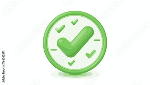 Vivid 3D green check mark symbol icon, representing completion, success, and approval, set against a clean white background with subtle shadows, perfect for business, technology, and lifestyle