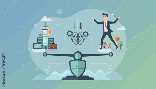 Conceptual illustration of work-life balance and risk management, showing a scale with business elements on one side and personal life elements on the other, symbolizing equilibrium and