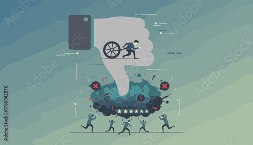 Vector illustration of the concept of negative work, a man chained to a wheel inside a giant thumb down symbol, symbolizing failure, bad feedback, and a disastrous outcome for a group of people