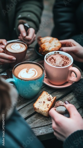 Friends Celebrating With Coffee and Pastries at an Outdoor Cafe During Mornin...