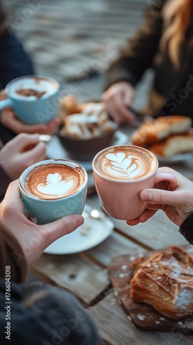 Friends Celebrating With Coffee and Pastries at an Outdoor Cafe During Mornin...