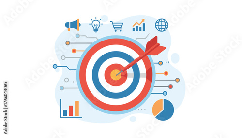 Business marketing concept illustration with a red dart hitting the bullseye of a target, surrounded by icons representing strategy, data, and global reach, symbolizing success and achievement in