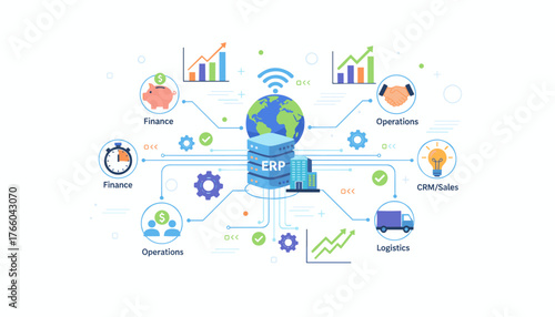 Vibrant illustration of a business process management automation concept, showcasing interconnected modules like finance, operations, CRM/Sales, and logistics, all linked to a central ERP system and