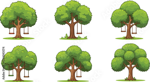 Cartoon green trees with wooden swings in summer park, nature landscape illustration, outdoor playground design, cute vector forest collection, colorful.