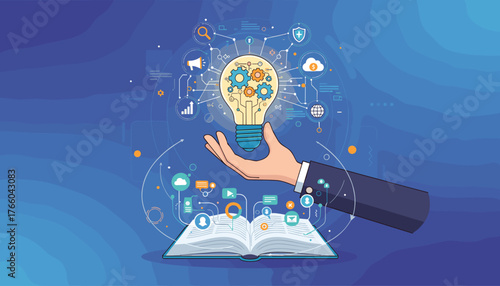 Businessman hand holding a glowing creative light bulb filled with gears and connected to various icons representing digital technology, data, communication, and finance, emerging from an open book