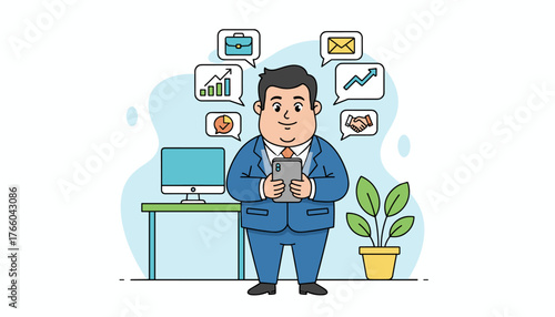 A cheerful, plump businessman in a blue suit and red tie stands holding a smartphone, surrounded by thought bubbles depicting business icons like a briefcase, charts, email, growth arrow, and