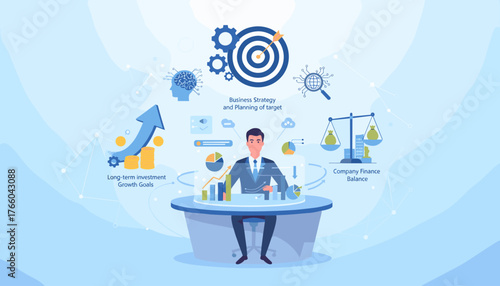 Conceptual illustration of a businessman analyzing financial data and charts, representing business strategy, planning, long-term investment growth goals, and company finance balance with icons of
