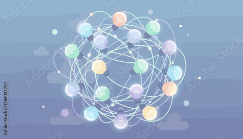 Abstract concept of interconnected ideas and innovation represented by a circular arrangement of colorful, glowing light bulbs connected by lines and nodes against a soft blue background with clouds