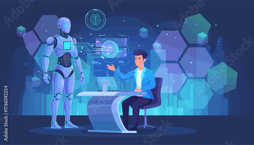 Futuristic scene depicting a human interacting with a sophisticated AI robot and advanced technology interfaces, showcasing the integration of artificial intelligence in modern life and business