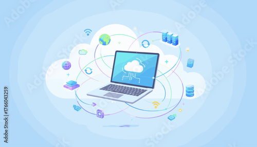 Vivid illustration of a cloud computing concept with a laptop floating amidst interconnected digital elements like servers, databases, globes, and Wi-Fi symbols, all set against a soft blue gradient