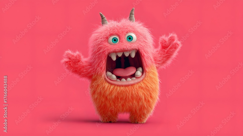 Fototapeta premium Cute fluffy two color monster with big eyes and sharp teeth widely open mouth expressive emotion. Adorable hairy beast character for child friendly content.