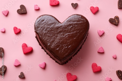 Delicious Heart-Shaped Chocolate Cake With Colorful Heart Candies on a Pink B...