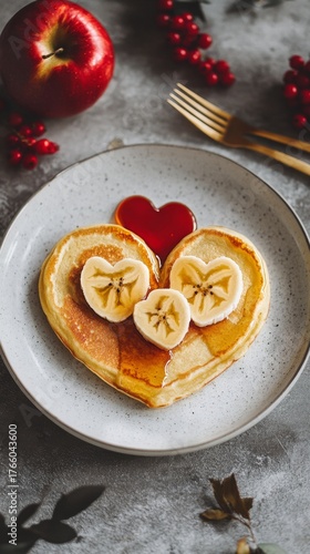 Heart-shaped Pancakes With Bananas and Syrup on a Gray Table With Fruit Decor...