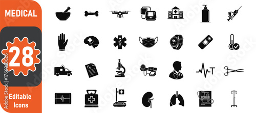 Collection of medical and healthcare icons representing various health services and equipment