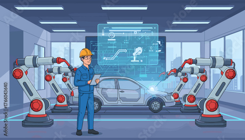 Modern car factory interior with a smiling engineer in a hard hat overseeing robotic arms assembling a vehicle on an assembly line, with a futuristic holographic display showing schematics and data