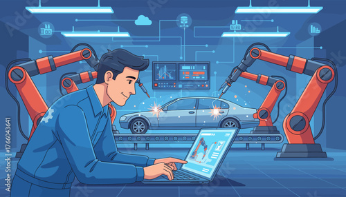 Modern automotive factory scene with a smiling engineer operating a laptop to control robotic arms assembling a car on a conveyor belt, showcasing advanced manufacturing and automation technology in