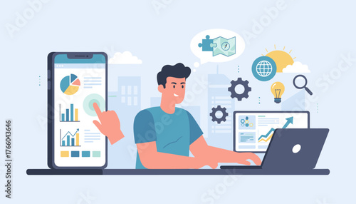 Young entrepreneur analyzing financial data and charts on a smartphone and laptop, surrounded by business strategy icons like gears, lightbulb, magnifying glass, and world globe, symbolizing growth