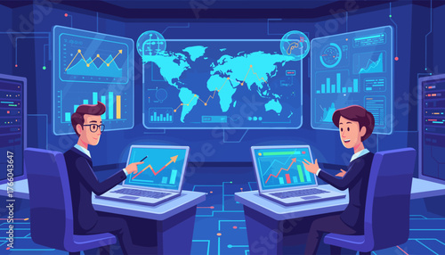 Two business professionals in a modern control room, analyzing global financial data and stock market trends on large screens and laptops, showcasing technology and data-driven decision-making in a